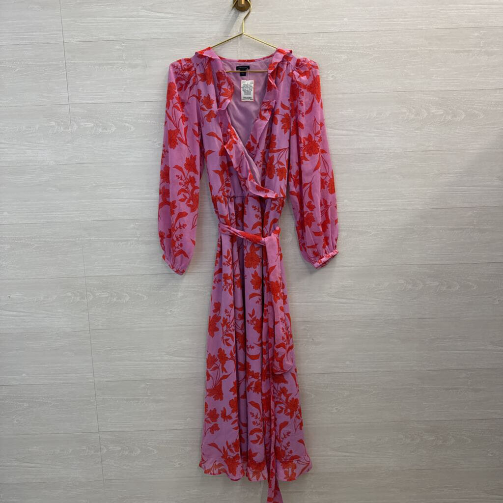 Ann Taylor Pink/ Red Print Long Sleeve Tie Waist Midi Dress 8 Tall