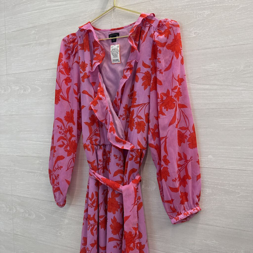 Ann Taylor Pink/ Red Print Long Sleeve Tie Waist Midi Dress 8 Tall