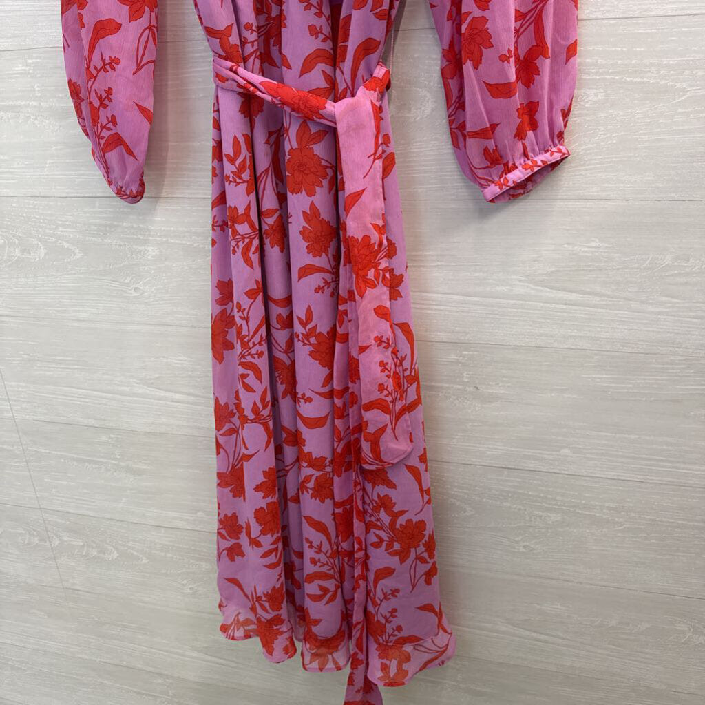 Ann Taylor Pink/ Red Print Long Sleeve Tie Waist Midi Dress 8 Tall