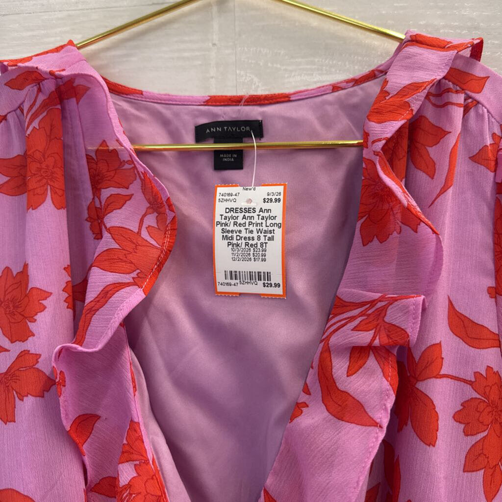 Ann Taylor Pink/ Red Print Long Sleeve Tie Waist Midi Dress 8 Tall