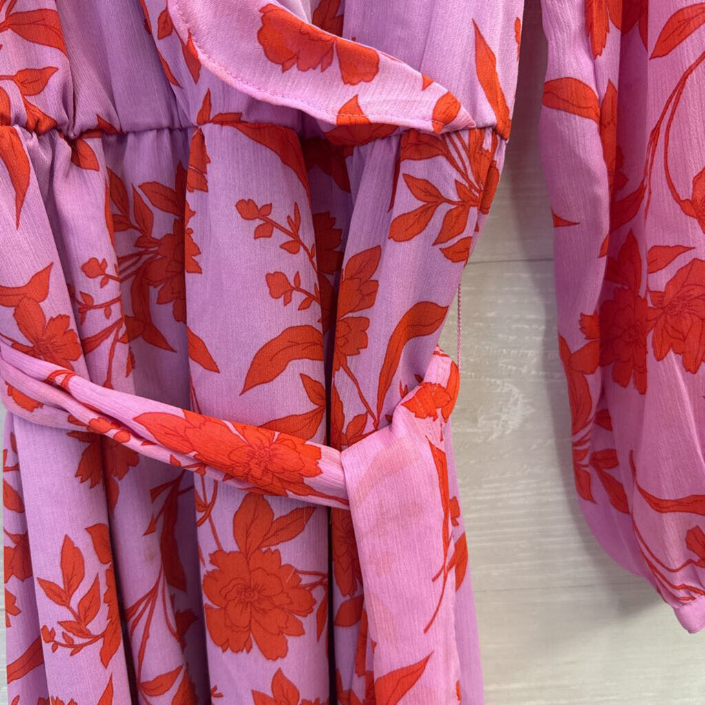 Ann Taylor Pink/ Red Print Long Sleeve Tie Waist Midi Dress 8 Tall