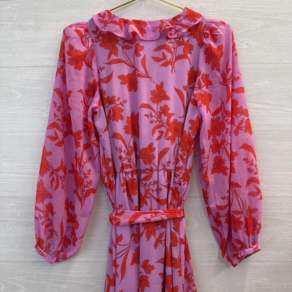 Ann Taylor Pink/ Red Print Long Sleeve Tie Waist Midi Dress 8 Tall