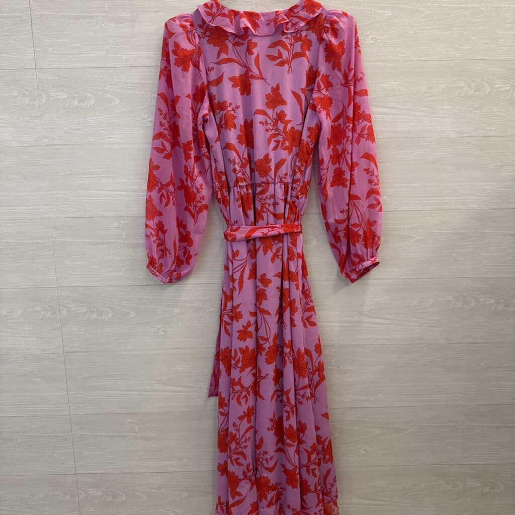 Ann Taylor Pink/ Red Print Long Sleeve Tie Waist Midi Dress 8 Tall