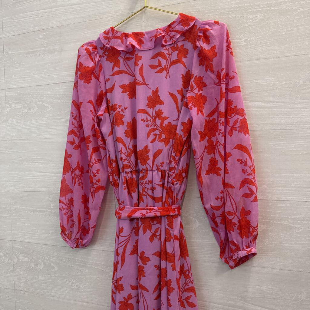 Ann Taylor Pink/ Red Print Long Sleeve Tie Waist Midi Dress 8 Tall
