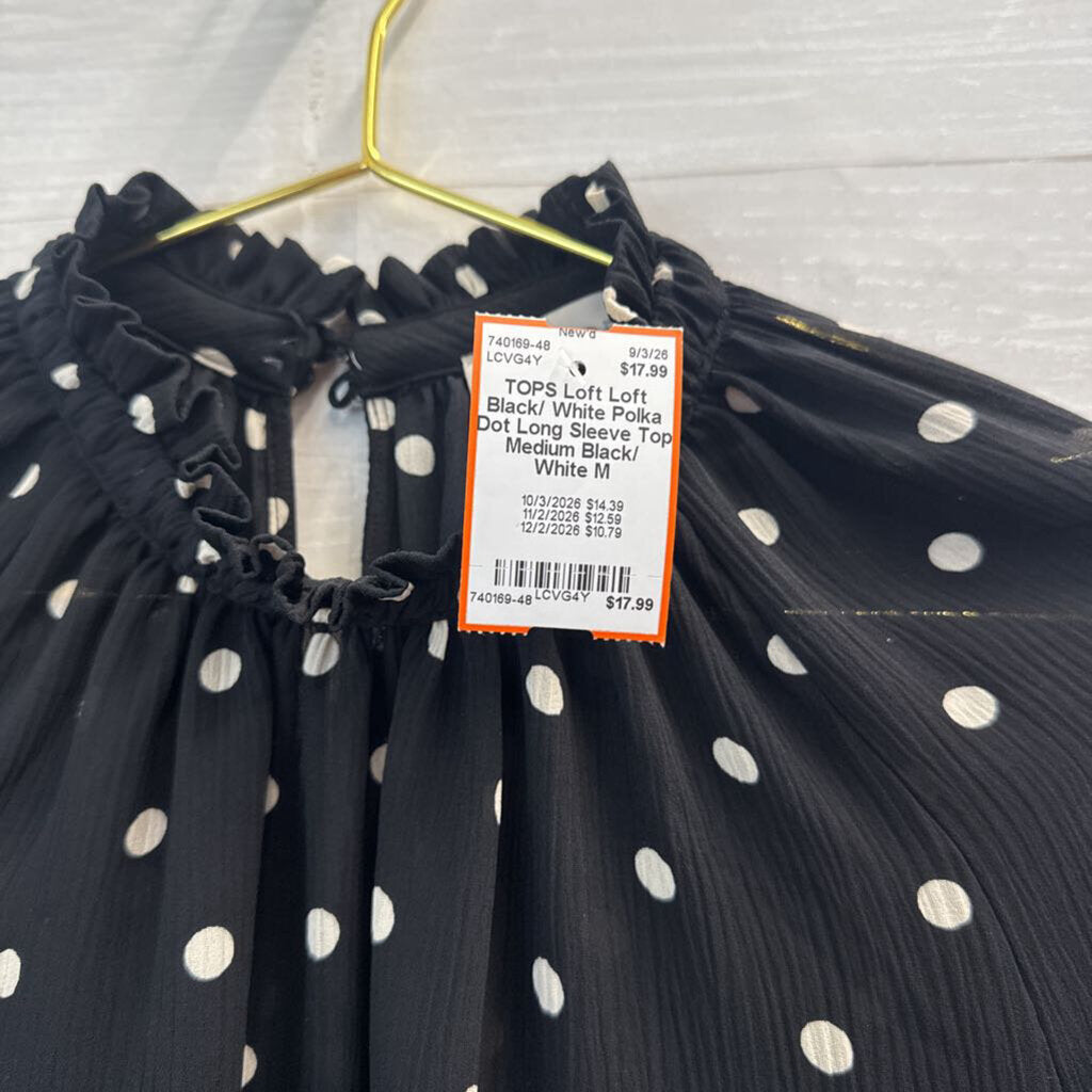 Loft Black/ White Polka Dot Long Sleeve Top Medium