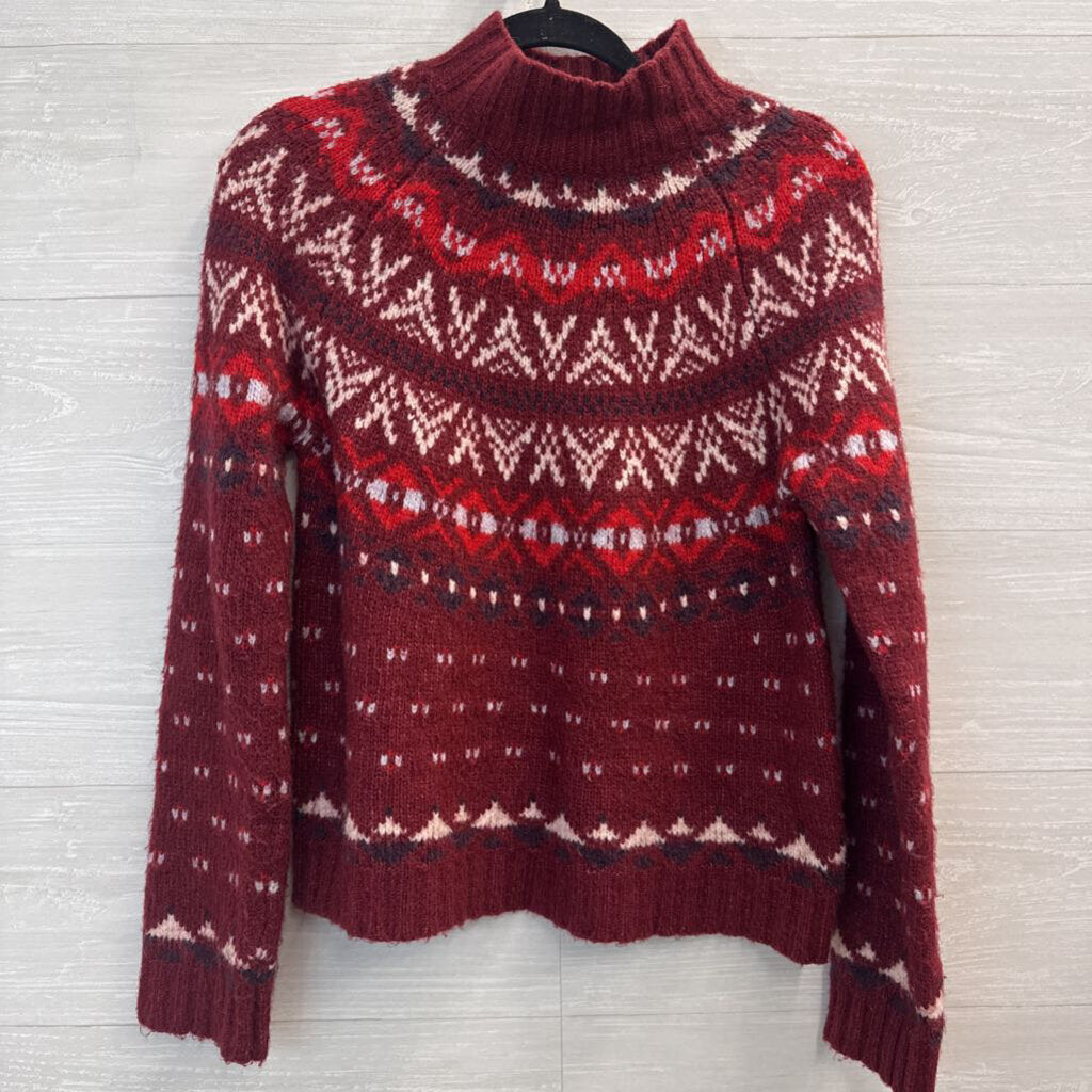 American Eagle Burgundy/ White Knit Fair Isle Mock Neck Sweater Small