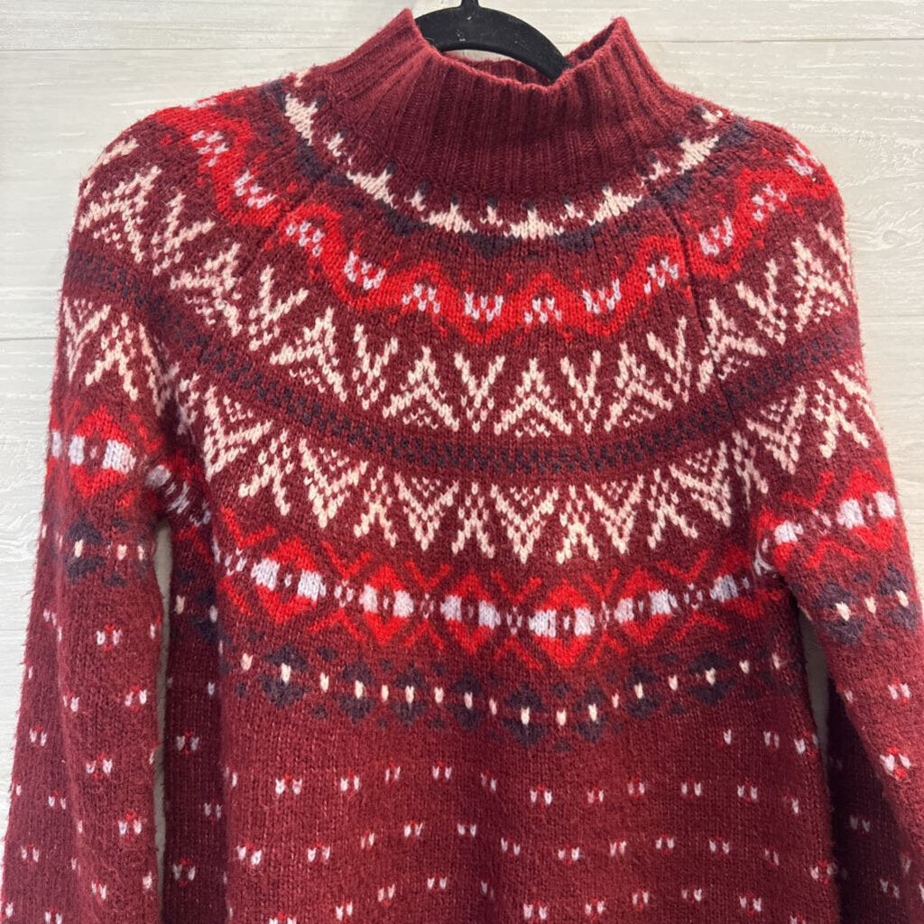 American Eagle Burgundy/ White Knit Fair Isle Mock Neck Sweater Small