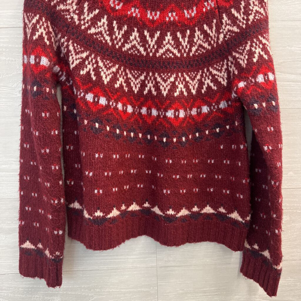 American Eagle Burgundy/ White Knit Fair Isle Mock Neck Sweater Small