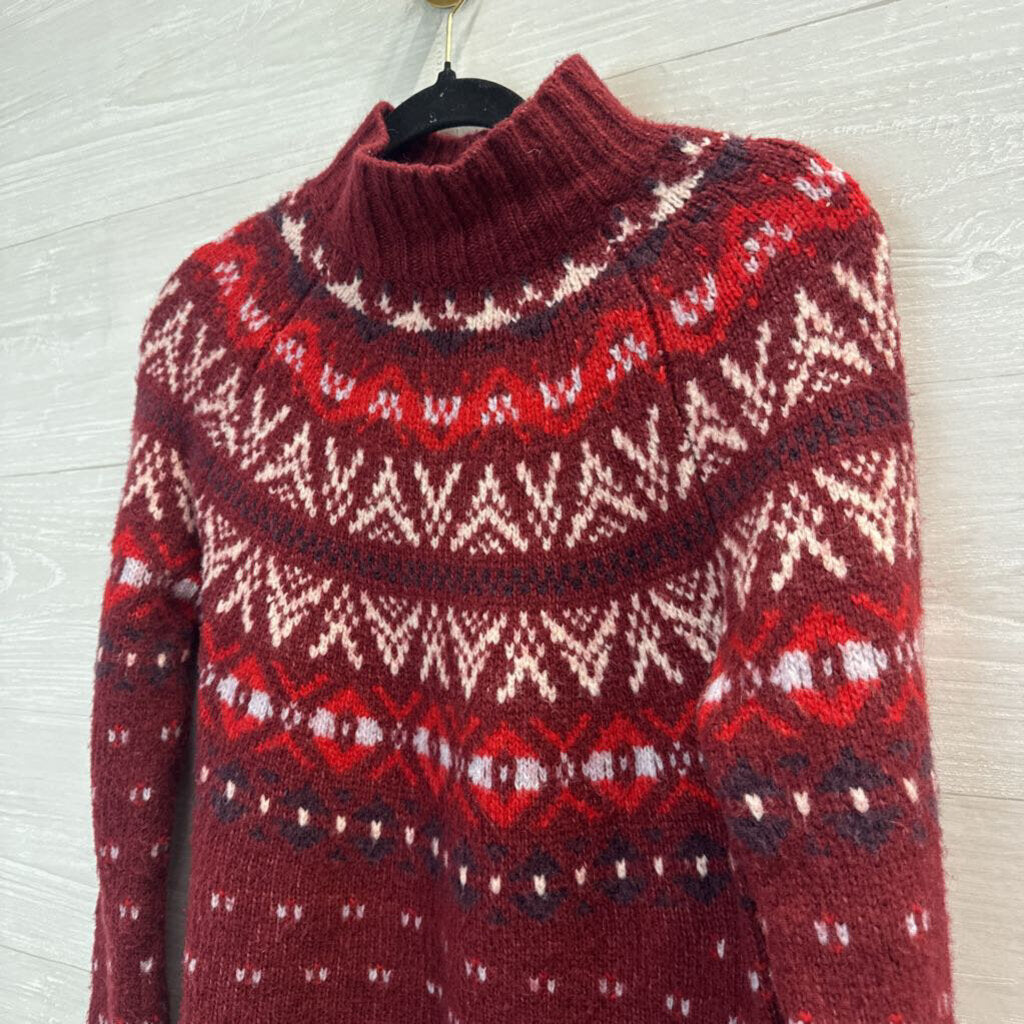 American Eagle Burgundy/ White Knit Fair Isle Mock Neck Sweater Small