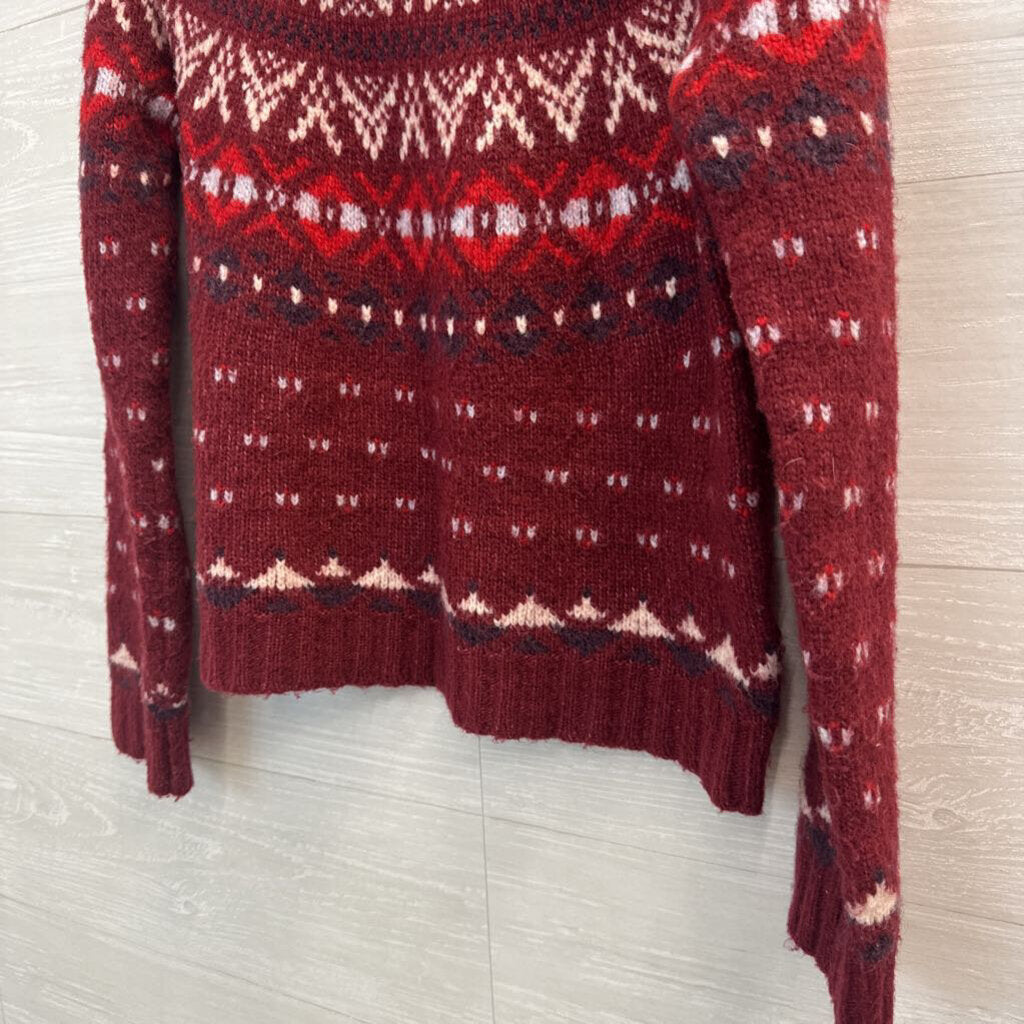 American Eagle Burgundy/ White Knit Fair Isle Mock Neck Sweater Small