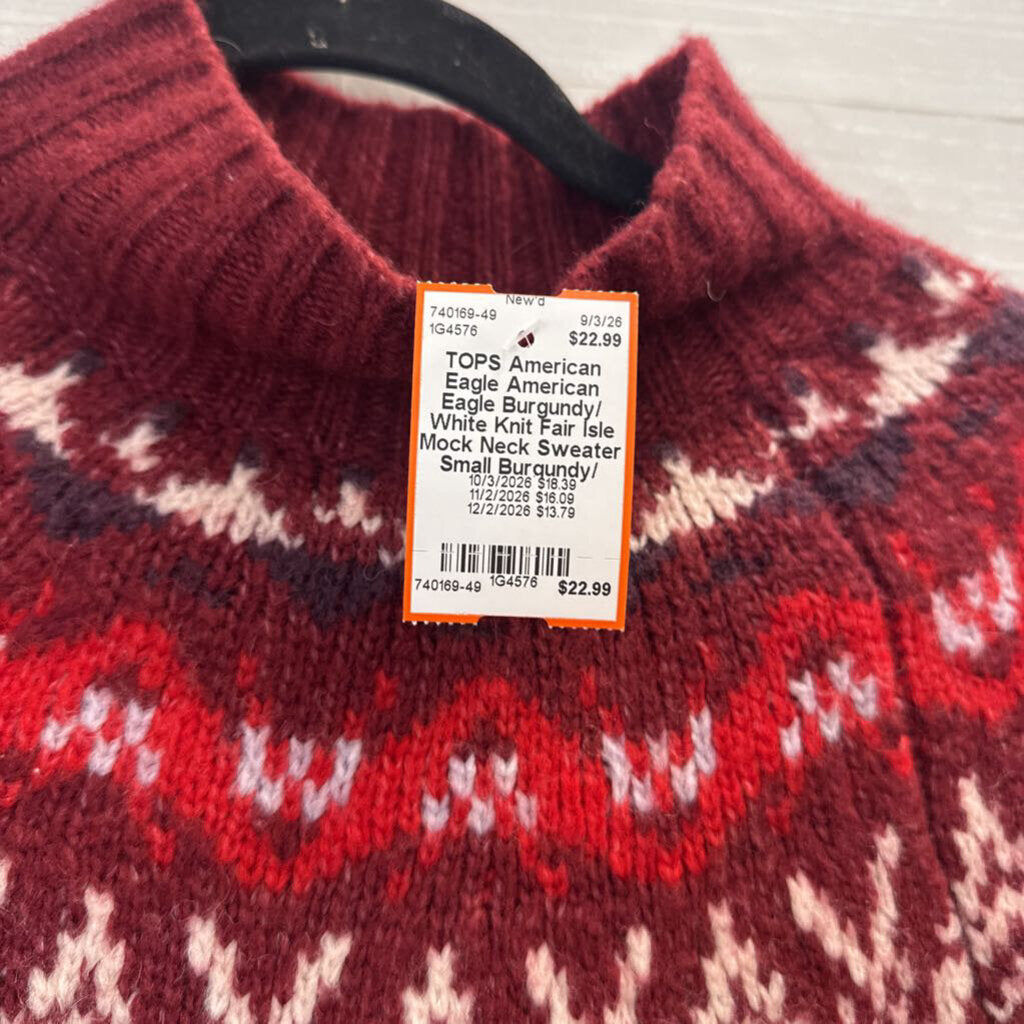 American Eagle Burgundy/ White Knit Fair Isle Mock Neck Sweater Small