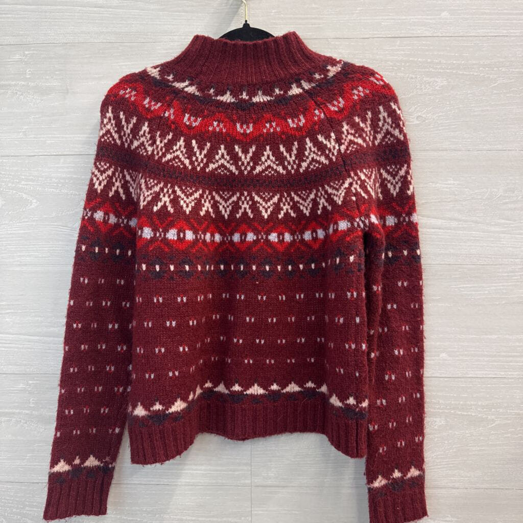 American Eagle Burgundy/ White Knit Fair Isle Mock Neck Sweater Small