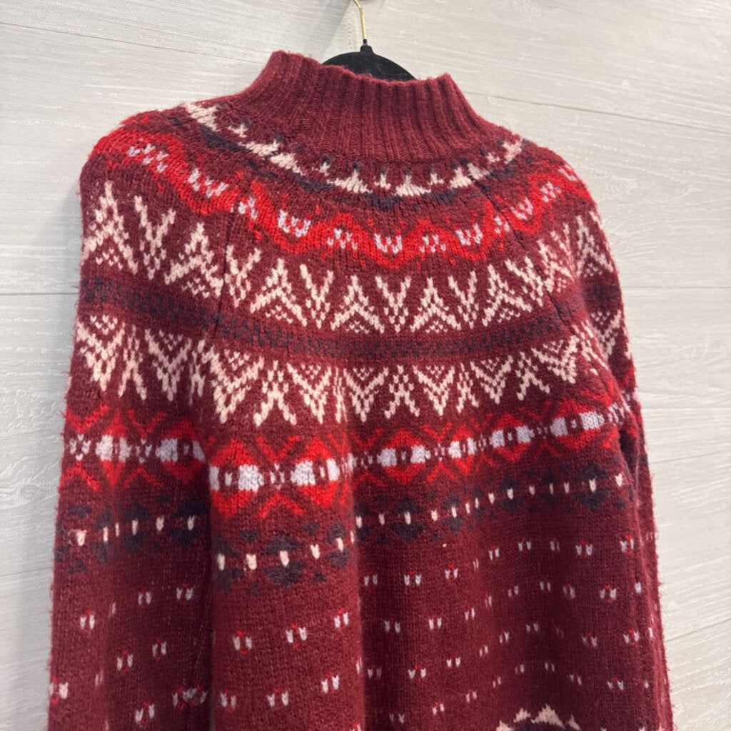 American Eagle Burgundy/ White Knit Fair Isle Mock Neck Sweater Small