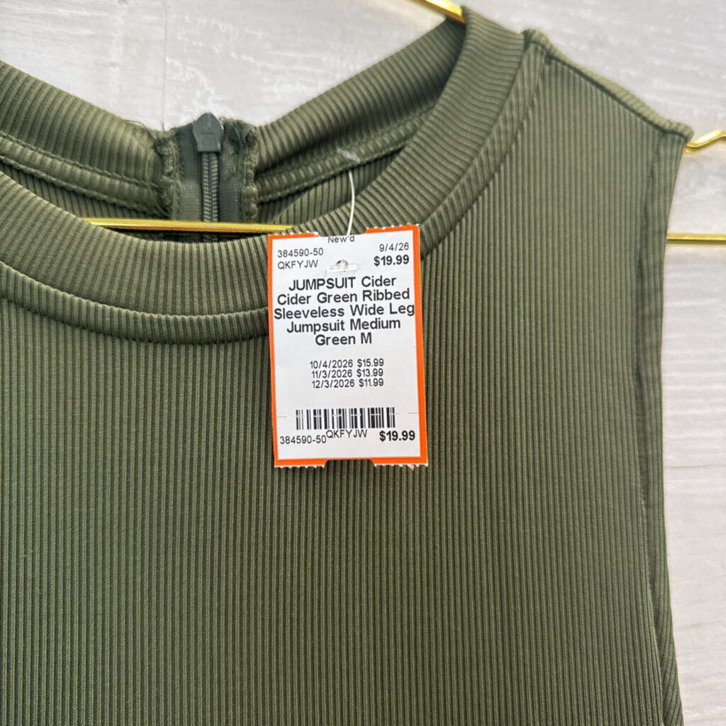 Cider Green Ribbed Sleeveless Wide Leg Jumpsuit Medium