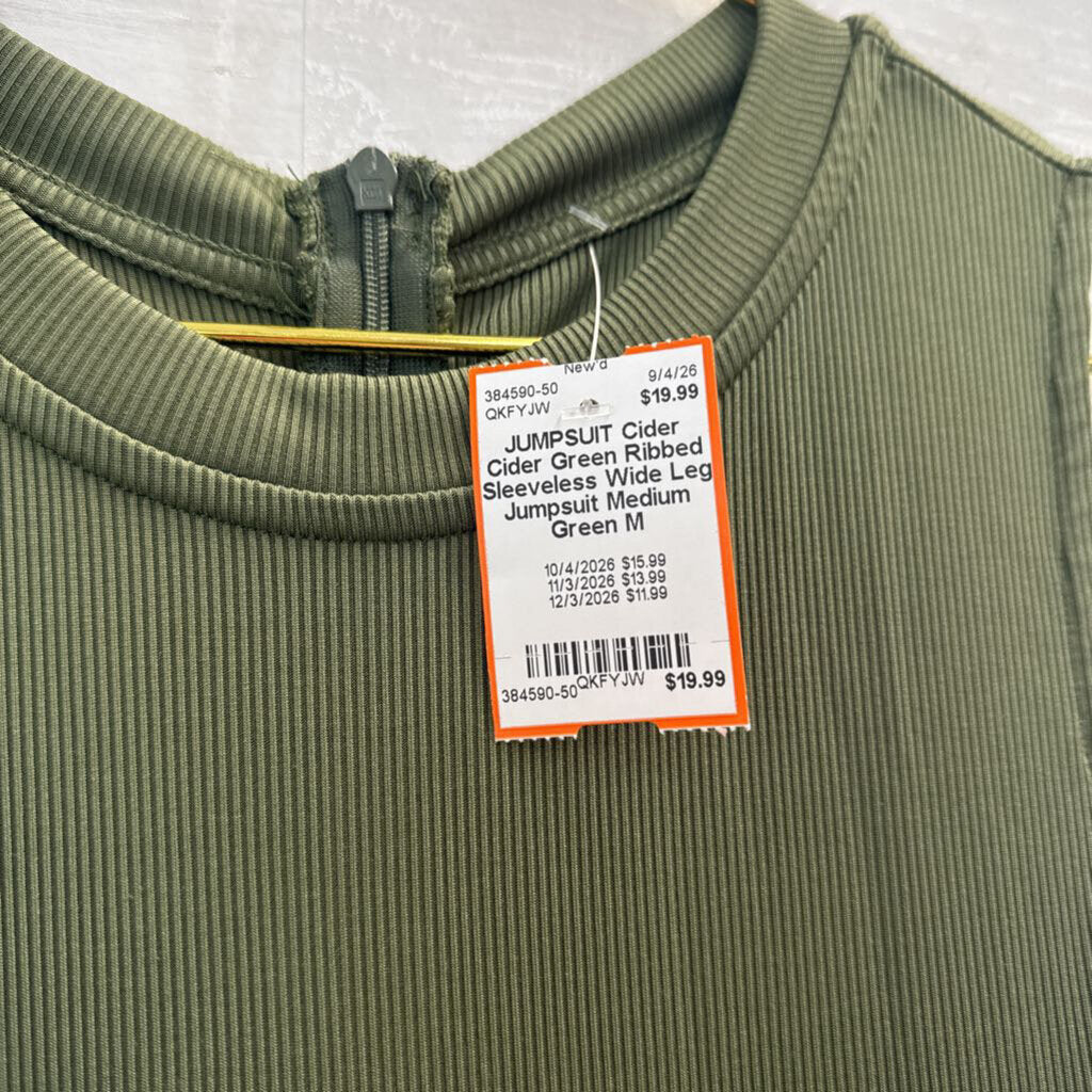 Cider Green Ribbed Sleeveless Wide Leg Jumpsuit Medium