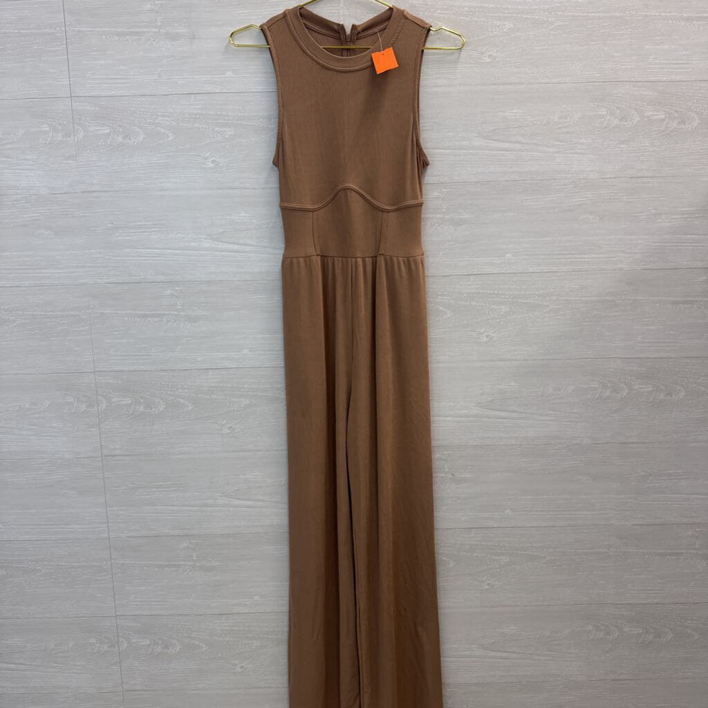 Cider Brown Ribbed Sleeveless Wide Leg Jumpsuit Medium