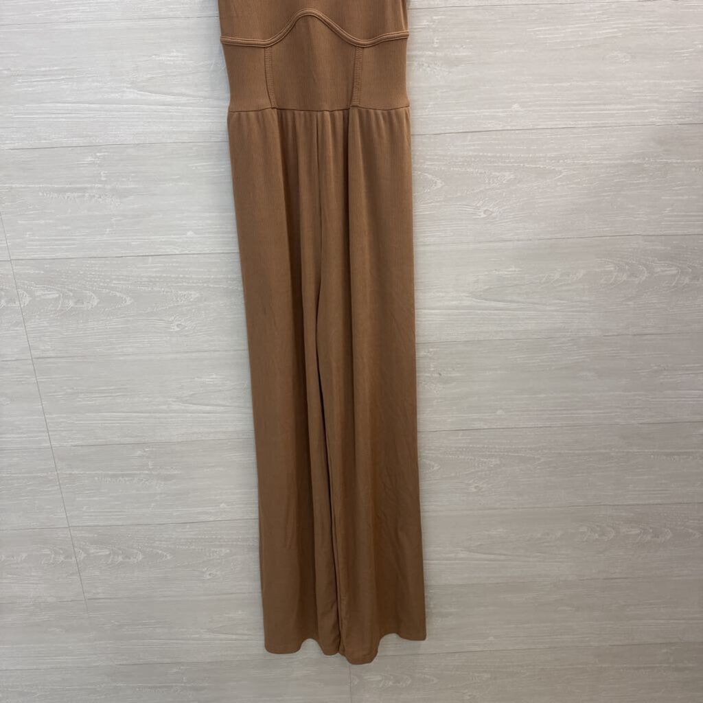 Cider Brown Ribbed Sleeveless Wide Leg Jumpsuit Medium