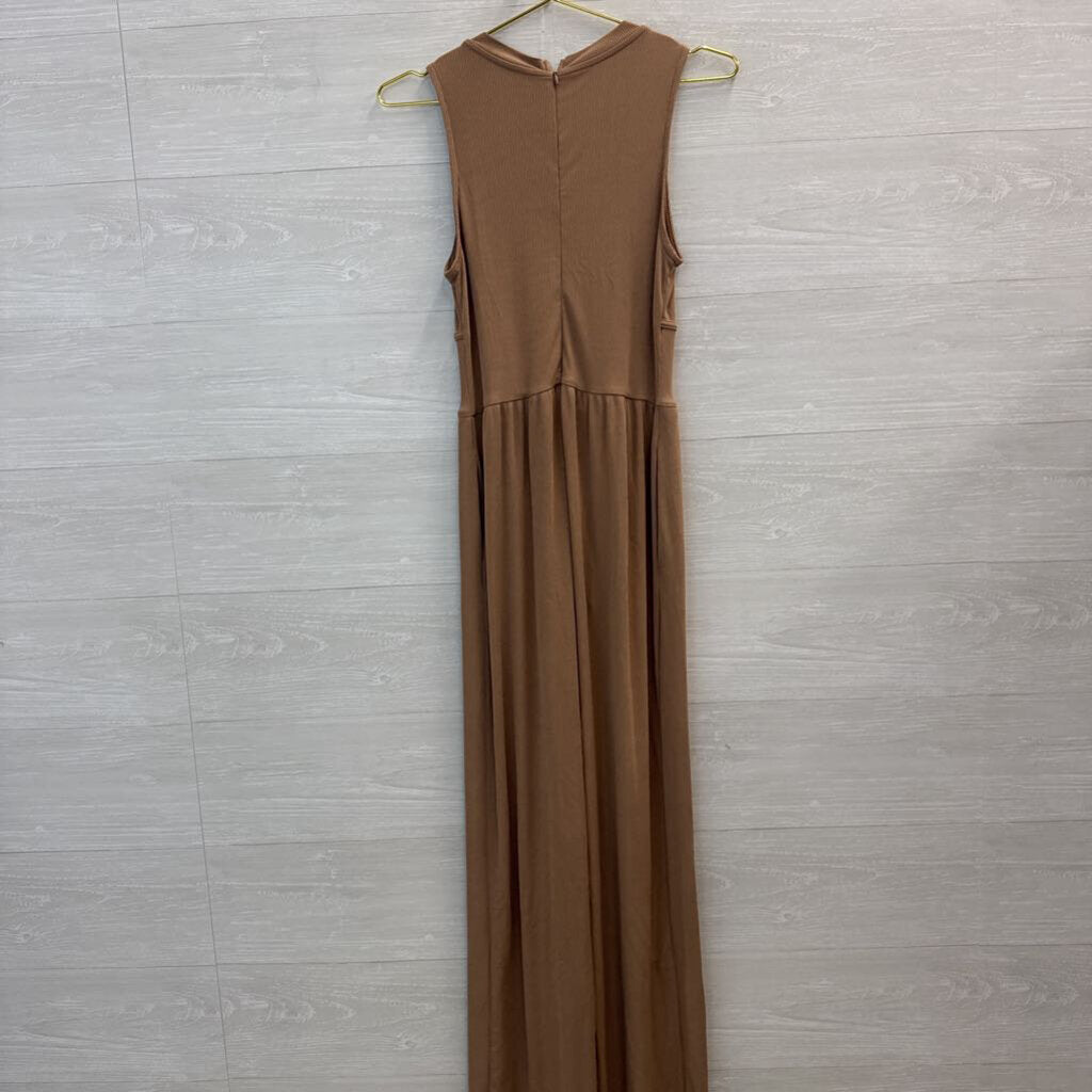 Cider Brown Ribbed Sleeveless Wide Leg Jumpsuit Medium