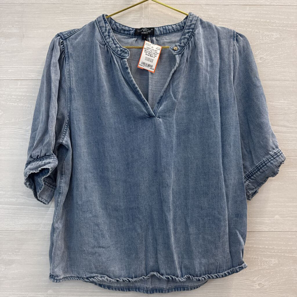 Velvet Heart Blue Denim Short Puff Sleeve Top Small