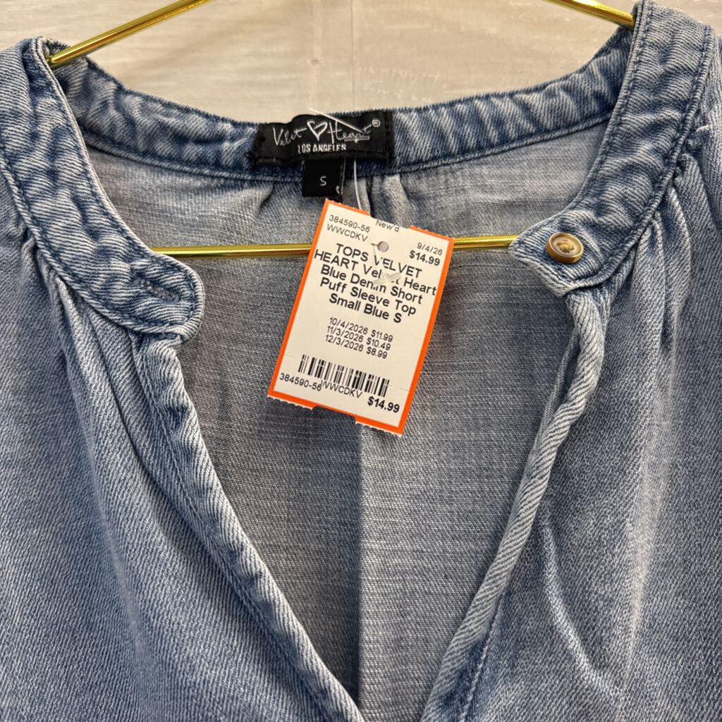 Velvet Heart Blue Denim Short Puff Sleeve Top Small