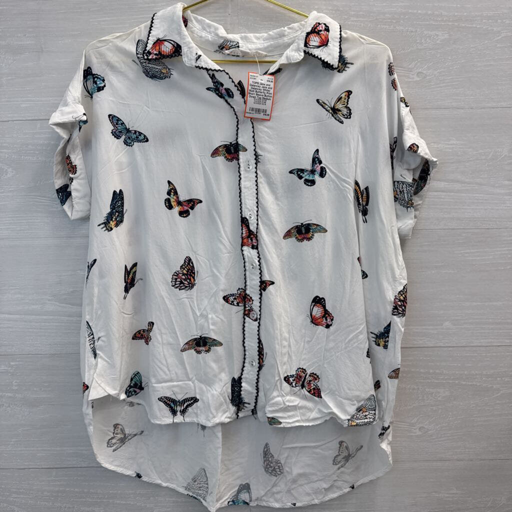 Jane and Delancey White/ Multi Butterfly Print Short Sleeve Button Down Top Medium