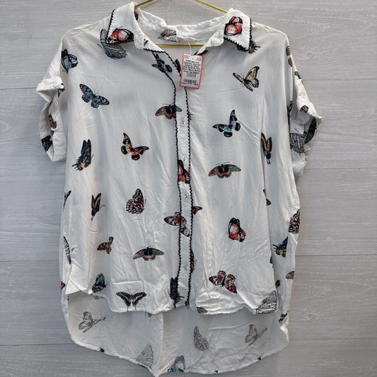 Jane and Delancey White/ Multi Butterfly Print Short Sleeve Button Down Top Medium
