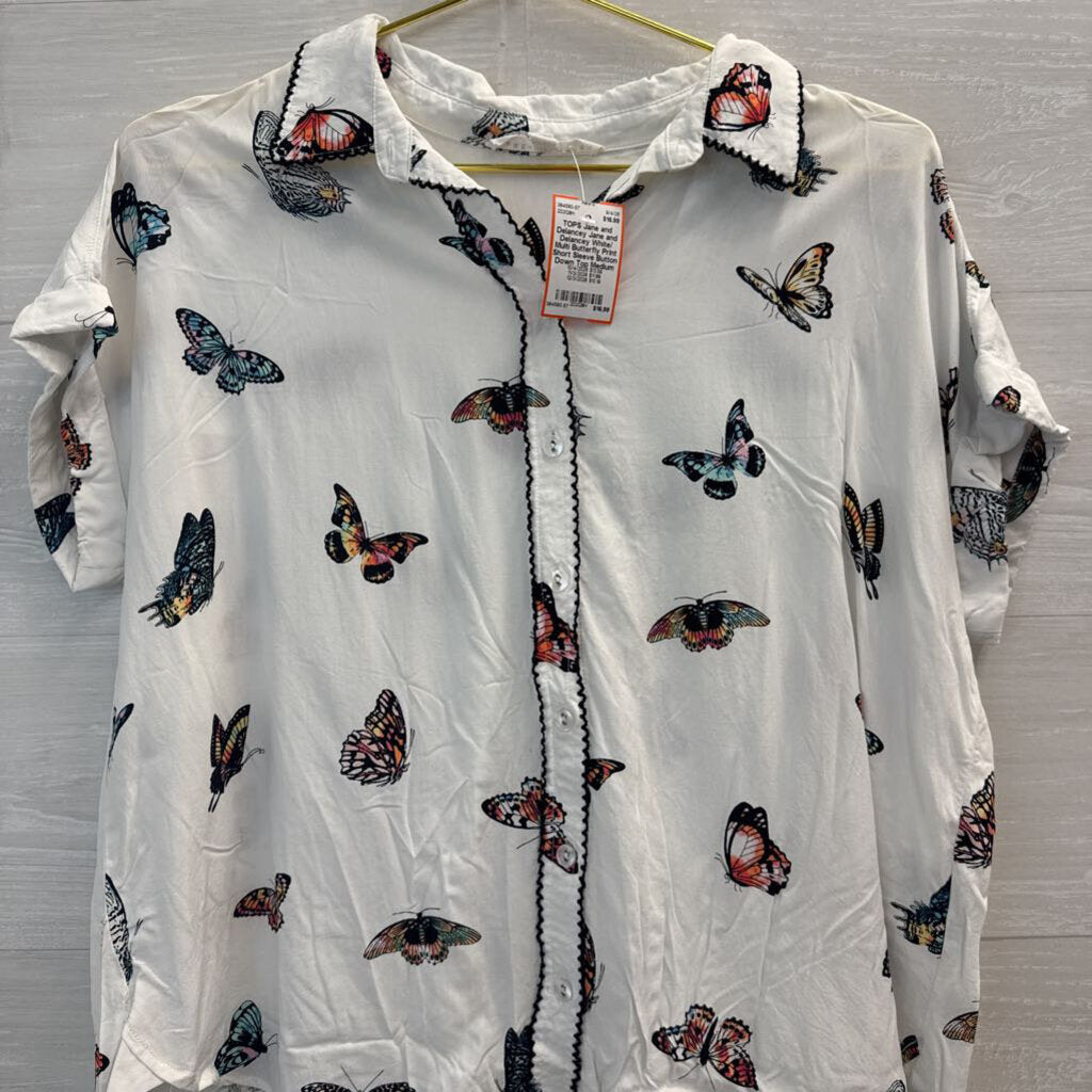 Jane and Delancey White/ Multi Butterfly Print Short Sleeve Button Down Top Medium