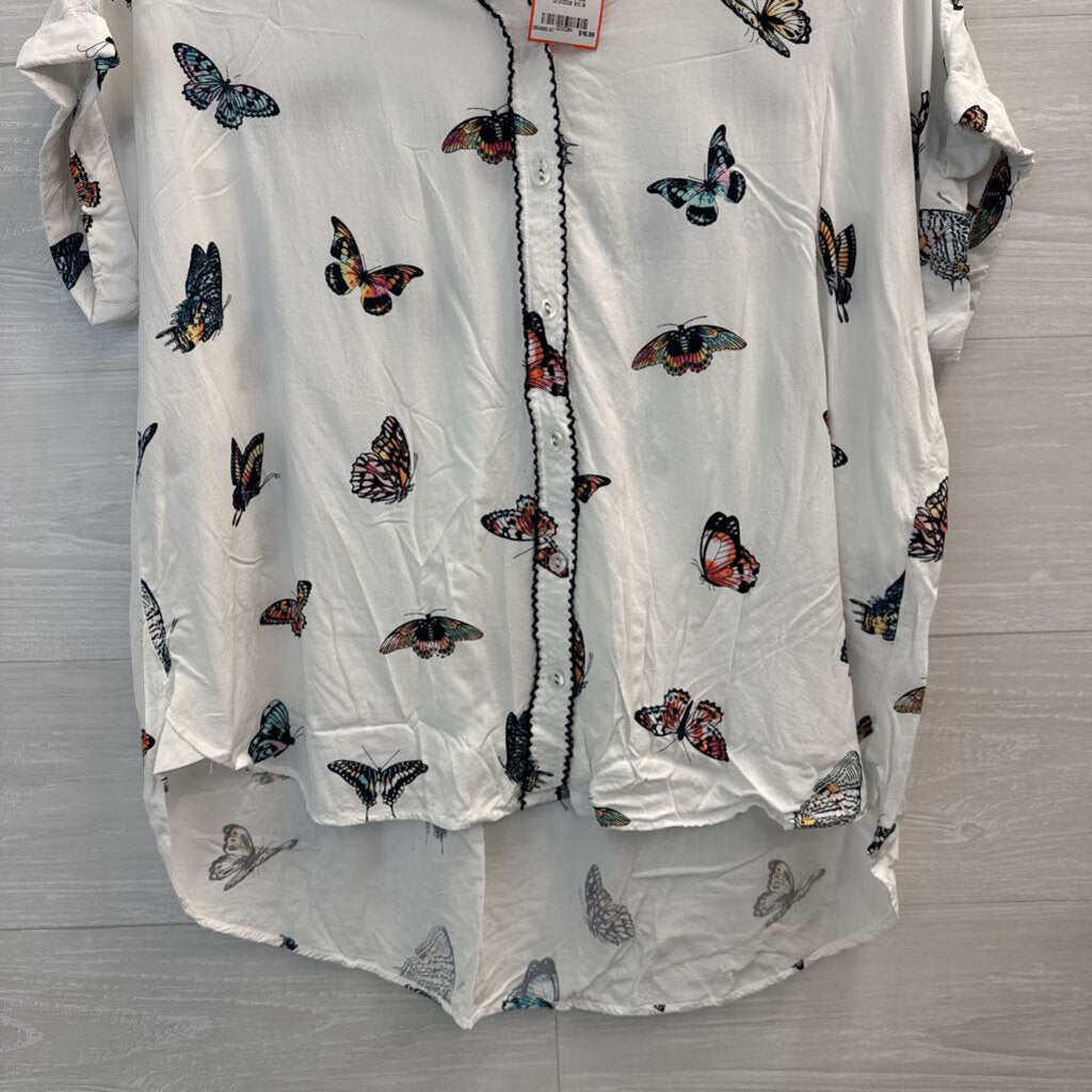Jane and Delancey White/ Multi Butterfly Print Short Sleeve Button Down Top Medium