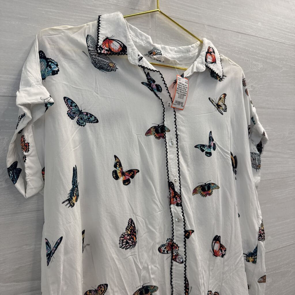 Jane and Delancey White/ Multi Butterfly Print Short Sleeve Button Down Top Medium