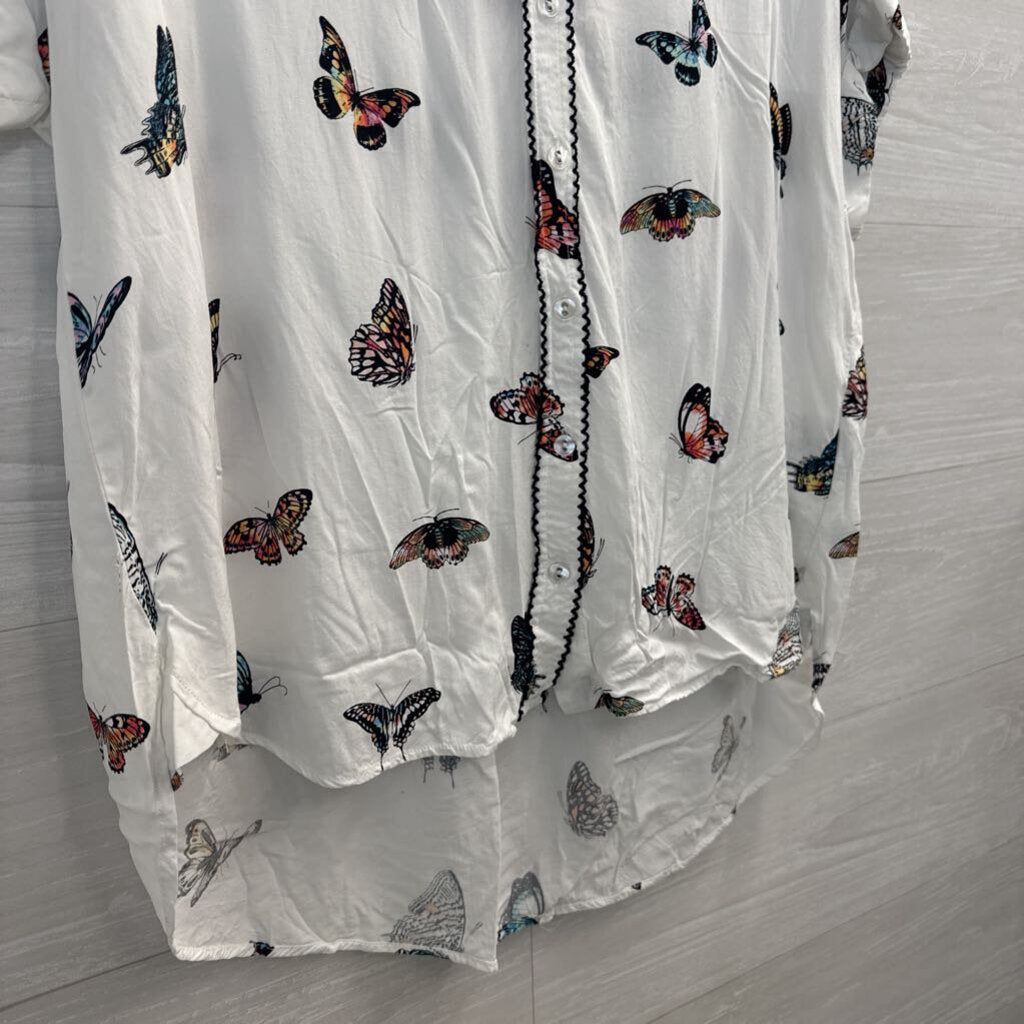 Jane and Delancey White/ Multi Butterfly Print Short Sleeve Button Down Top Medium