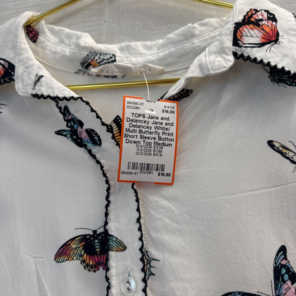 Jane and Delancey White/ Multi Butterfly Print Short Sleeve Button Down Top Medium