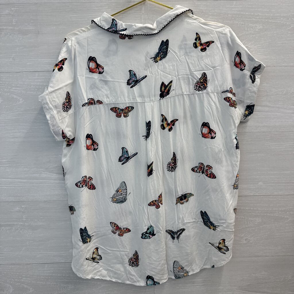 Jane and Delancey White/ Multi Butterfly Print Short Sleeve Button Down Top Medium