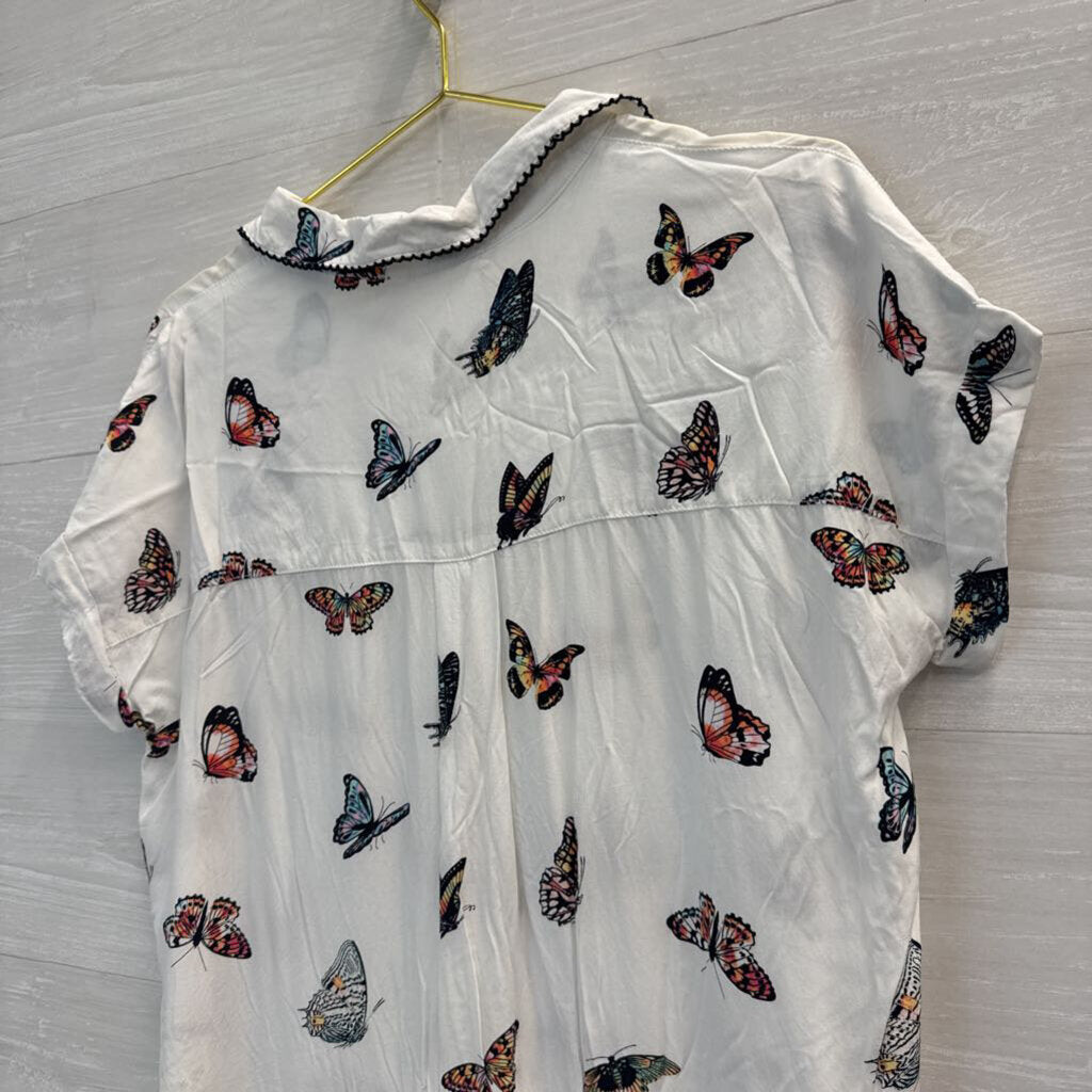 Jane and Delancey White/ Multi Butterfly Print Short Sleeve Button Down Top Medium