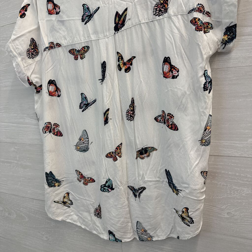 Jane and Delancey White/ Multi Butterfly Print Short Sleeve Button Down Top Medium