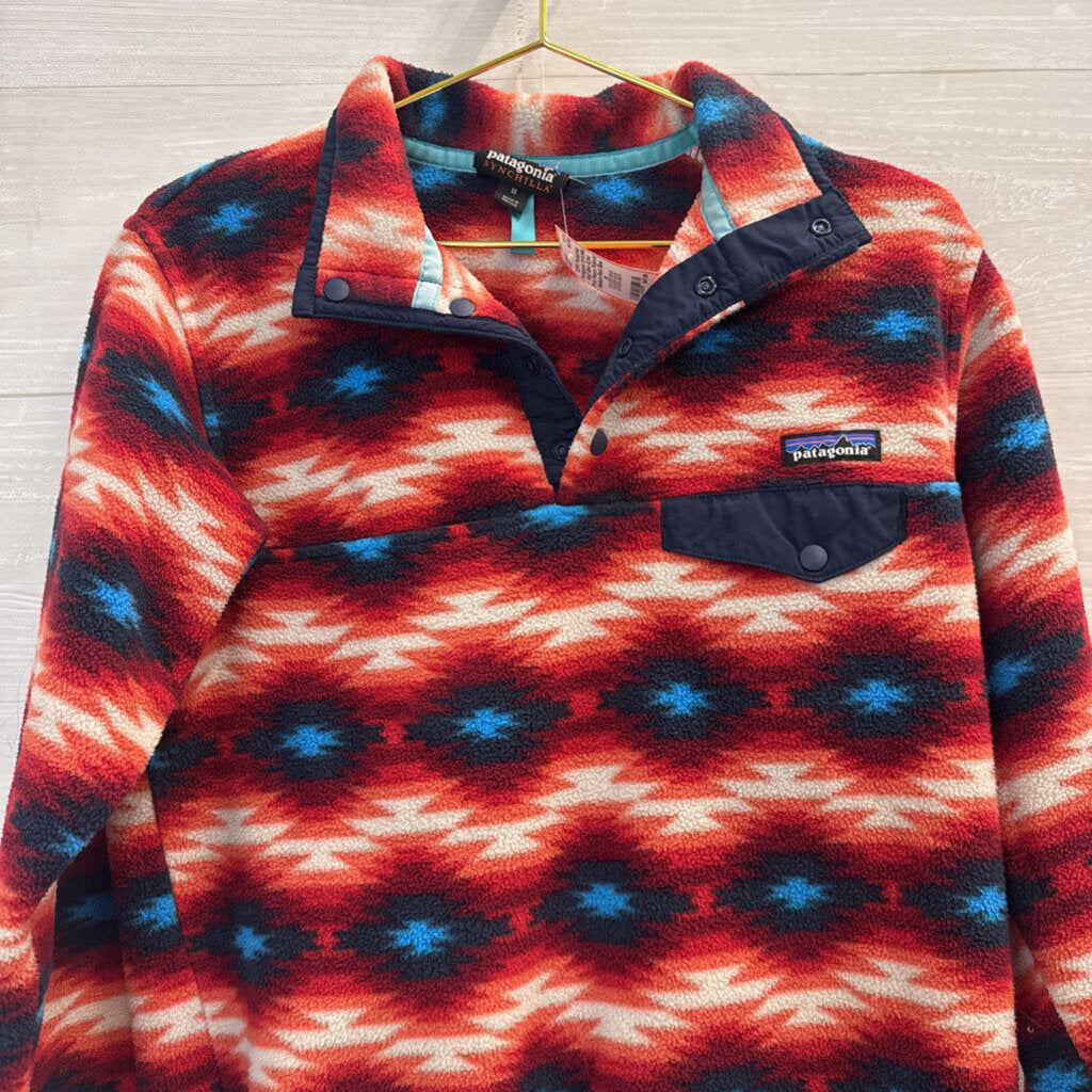 Patagonia Synchilla Red/ Blue Aztec Print Fleece Pullover Medium