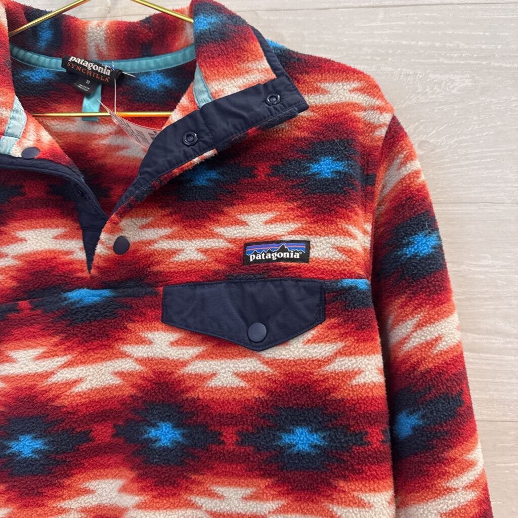 Patagonia Synchilla Red/ Blue Aztec Print Fleece Pullover Medium