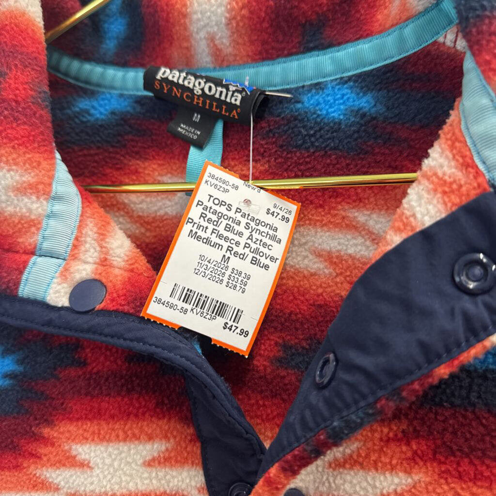 Patagonia Synchilla Red/ Blue Aztec Print Fleece Pullover Medium