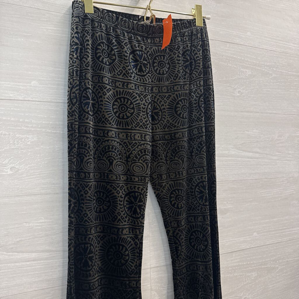 Anama Navy/ Brown Velvet Print Flare Leg Pull On Pants Medium