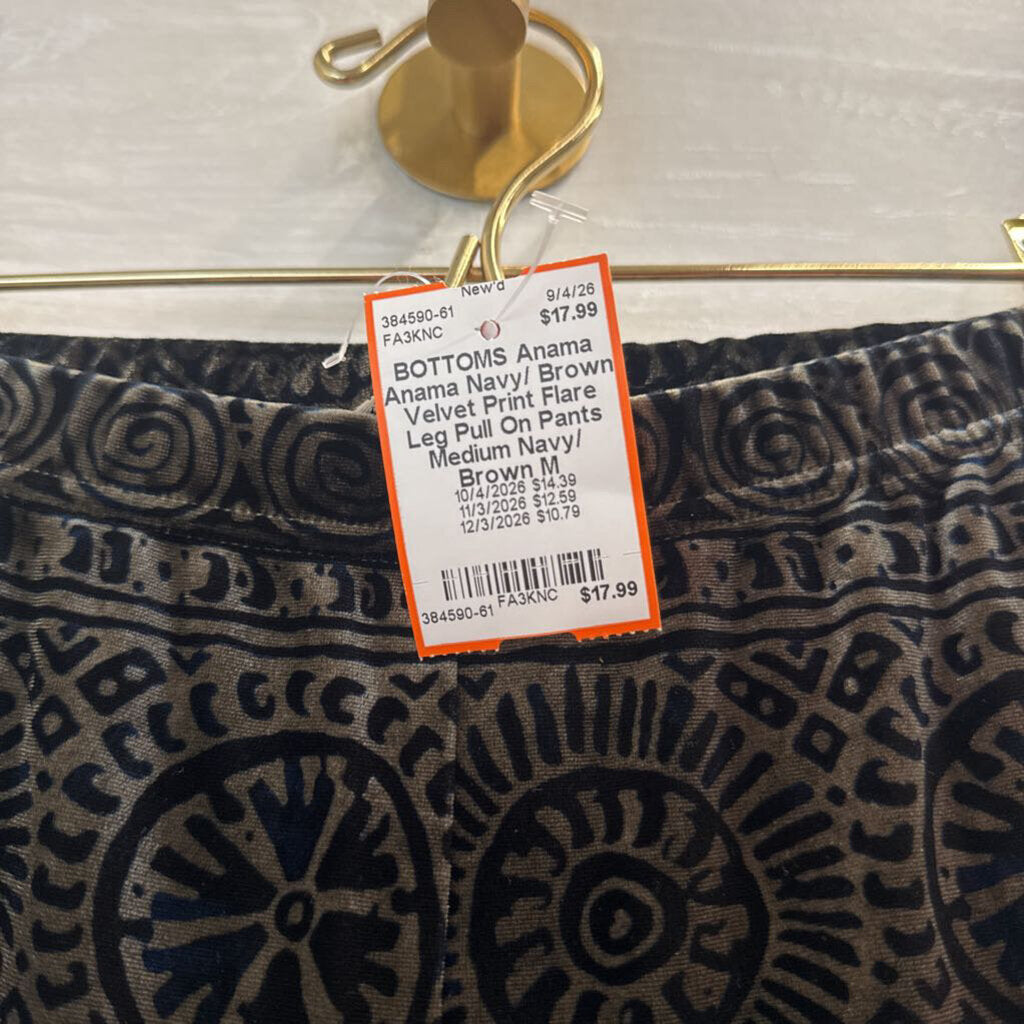 Anama Navy/ Brown Velvet Print Flare Leg Pull On Pants Medium