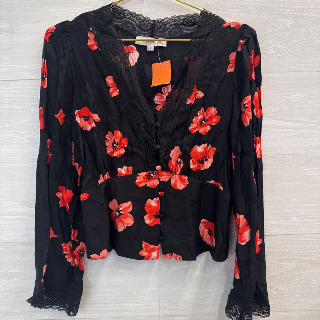 Loft Black/ Red Floral Print Long Sleeve Top Medium