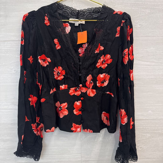 Loft Black/ Red Floral Print Long Sleeve Top Medium
