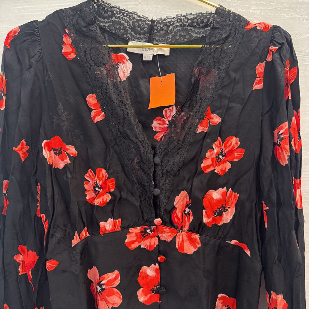 Loft Black/ Red Floral Print Long Sleeve Top Medium