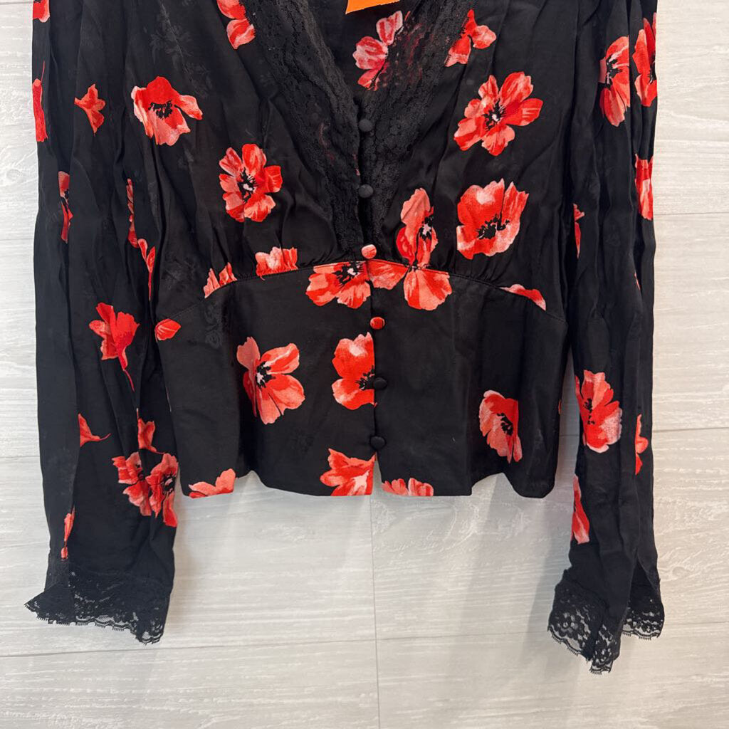 Loft Black/ Red Floral Print Long Sleeve Top Medium