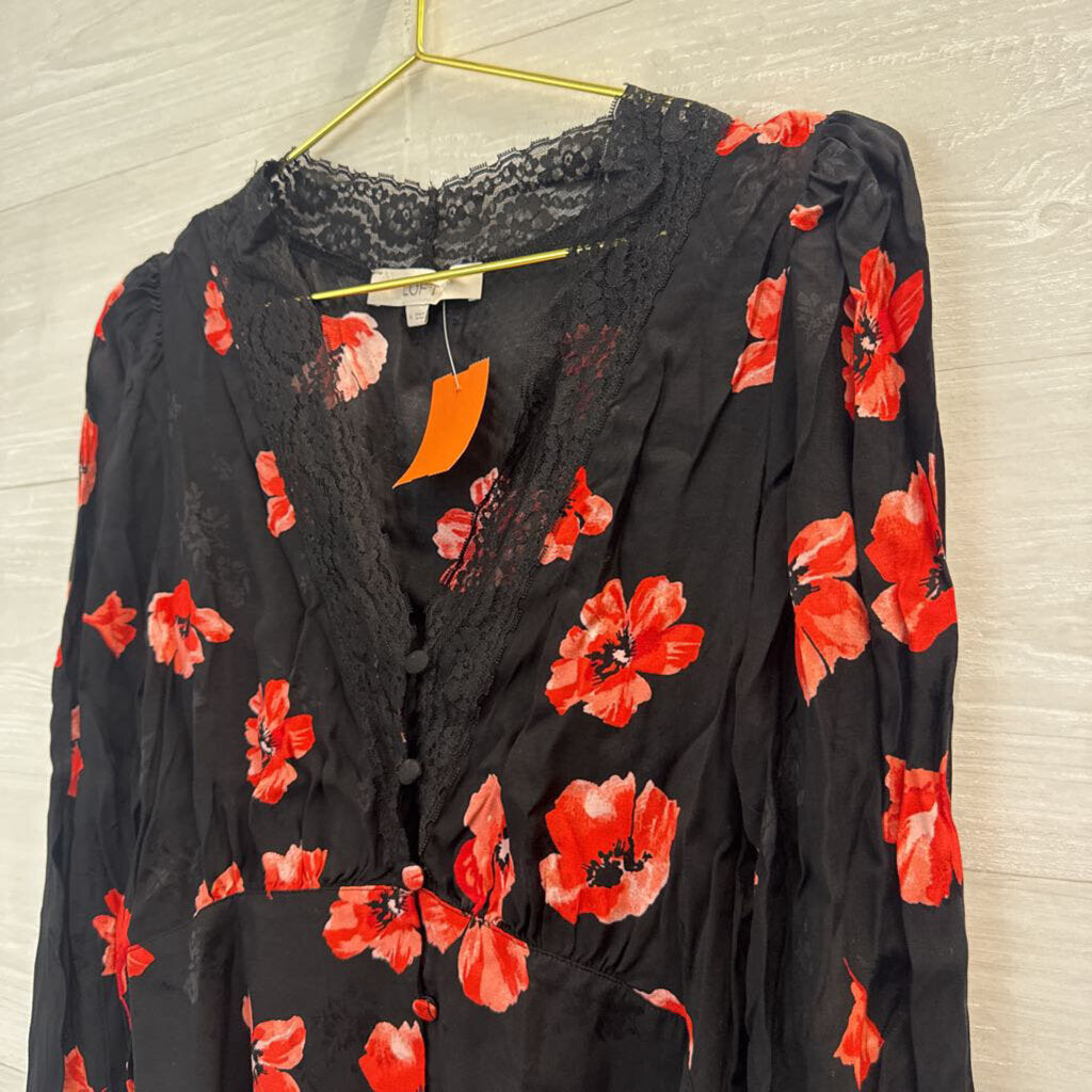 Loft Black/ Red Floral Print Long Sleeve Top Medium