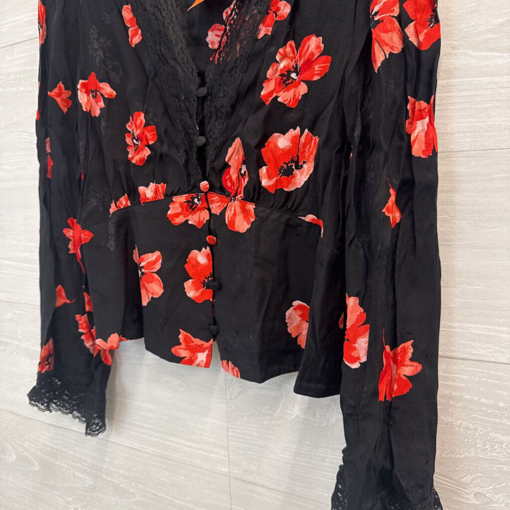 Loft Black/ Red Floral Print Long Sleeve Top Medium