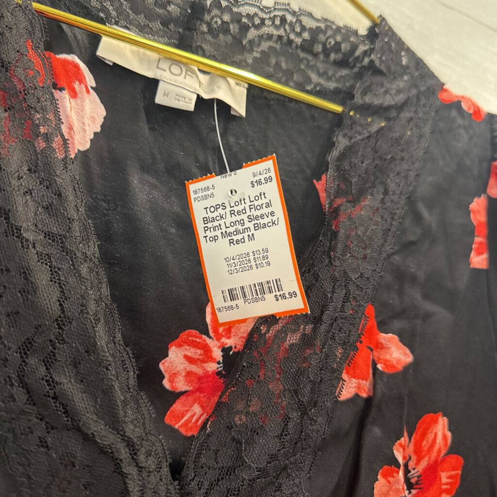 Loft Black/ Red Floral Print Long Sleeve Top Medium