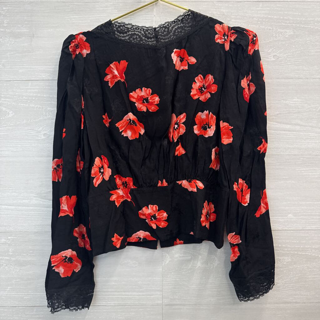 Loft Black/ Red Floral Print Long Sleeve Top Medium