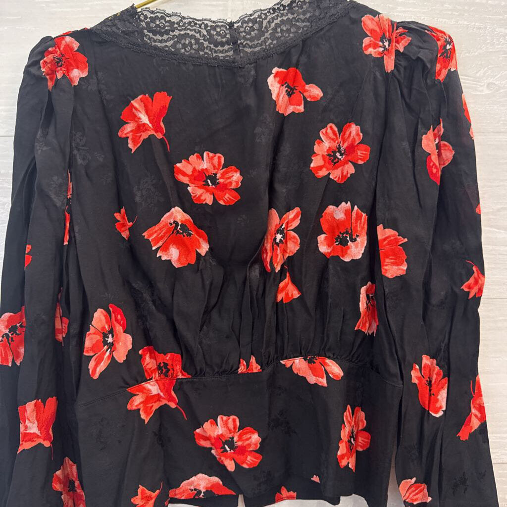Loft Black/ Red Floral Print Long Sleeve Top Medium