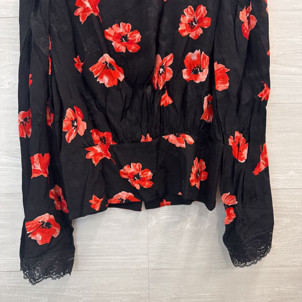 Loft Black/ Red Floral Print Long Sleeve Top Medium