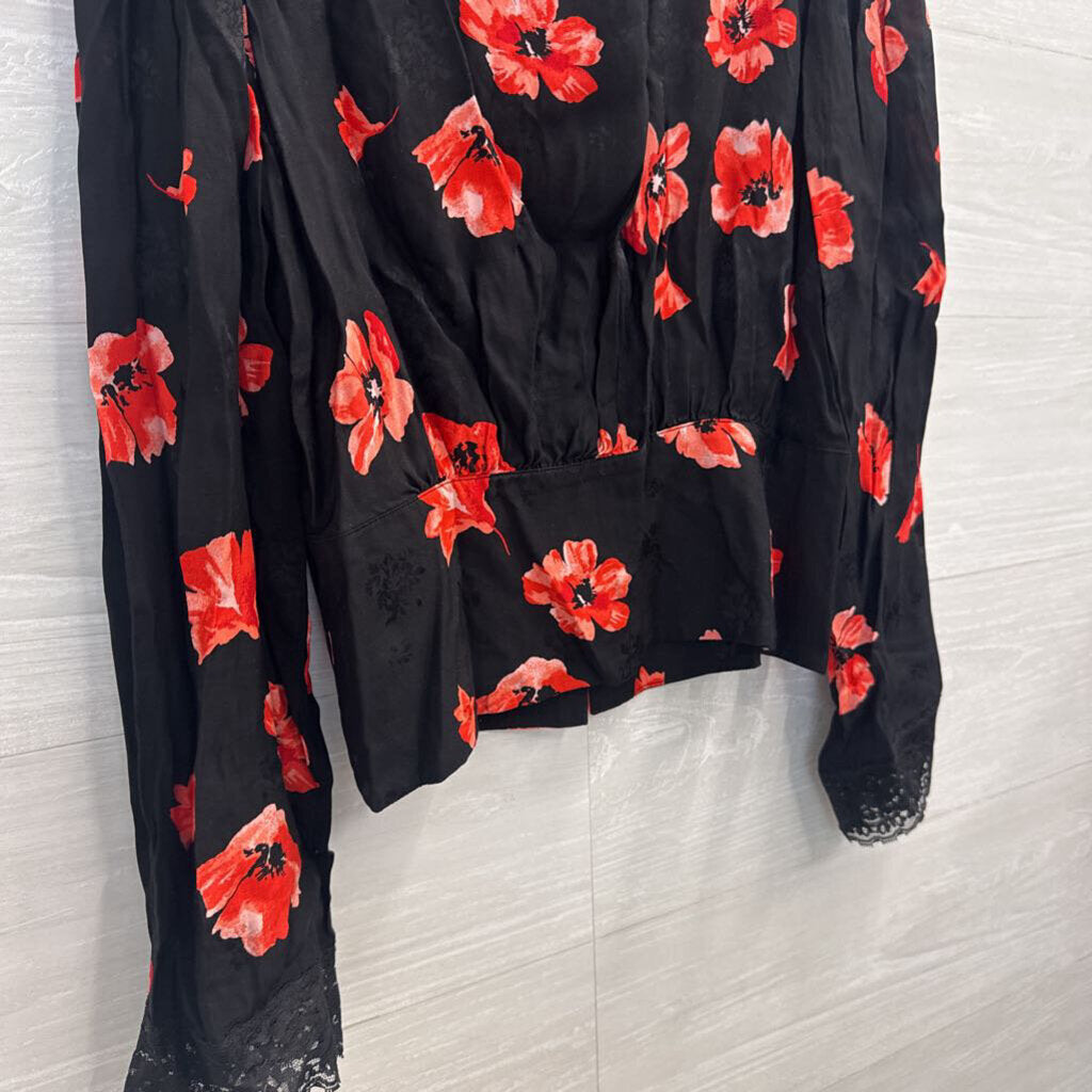 Loft Black/ Red Floral Print Long Sleeve Top Medium